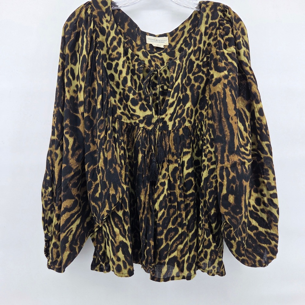 Denim & Supply Ralph Lauren Peasant Blouse Small‎ Brown Leopard Print Boho
